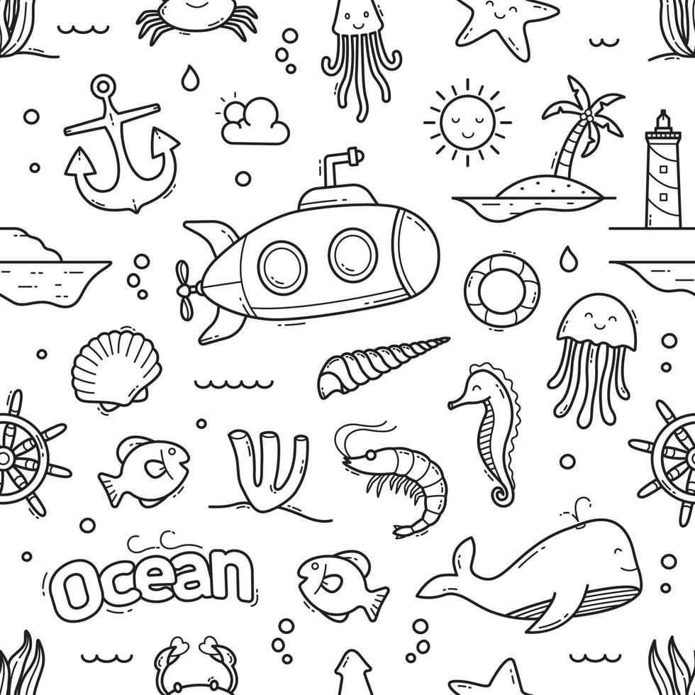 Ocean doodle seamless pattern background vector illustration