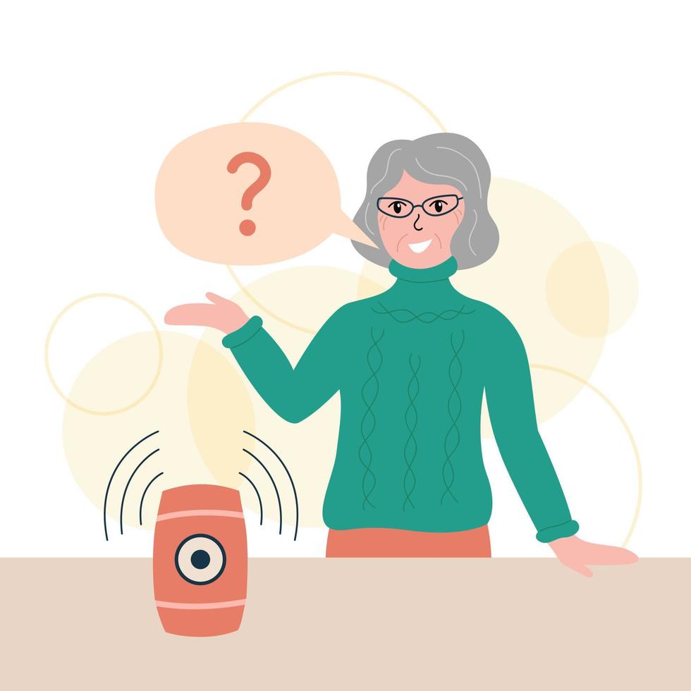 Smart speaker technology. Person and device. Elderly woman asks question to smart speaker gadget. Voice assistant. Flat vector illustration