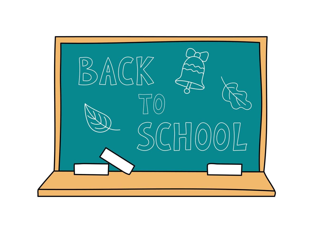 Back to School hand drawn words written on chalkboard. Cartoon class green board isolated. Design doodle elements. Vector illustration