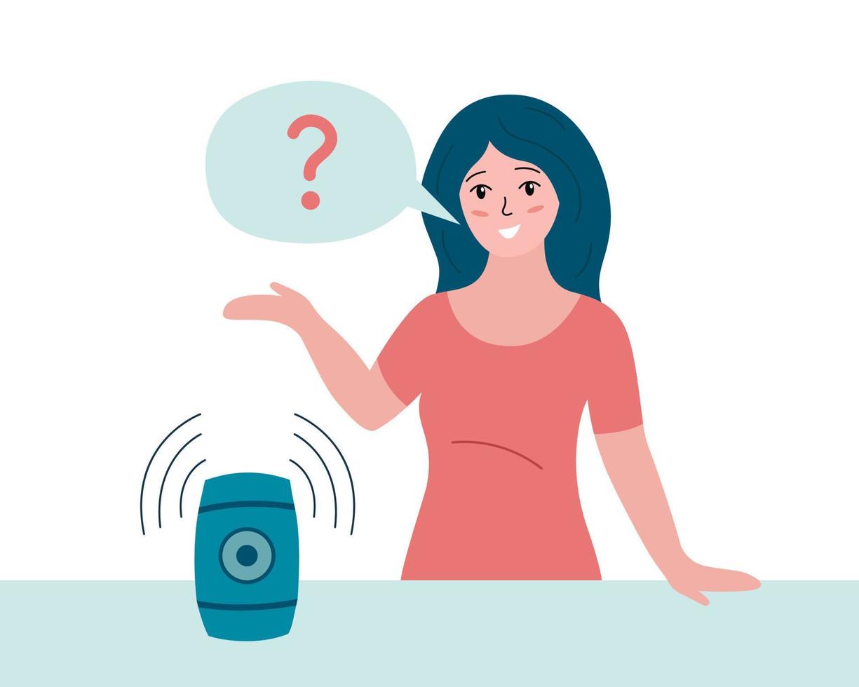 tecnología de altavoces inteligentes. asistente de voz mujer haciendo preguntas al dispositivo de altavoz inteligente. persona y dispositivo. ilustración vectorial plana vector