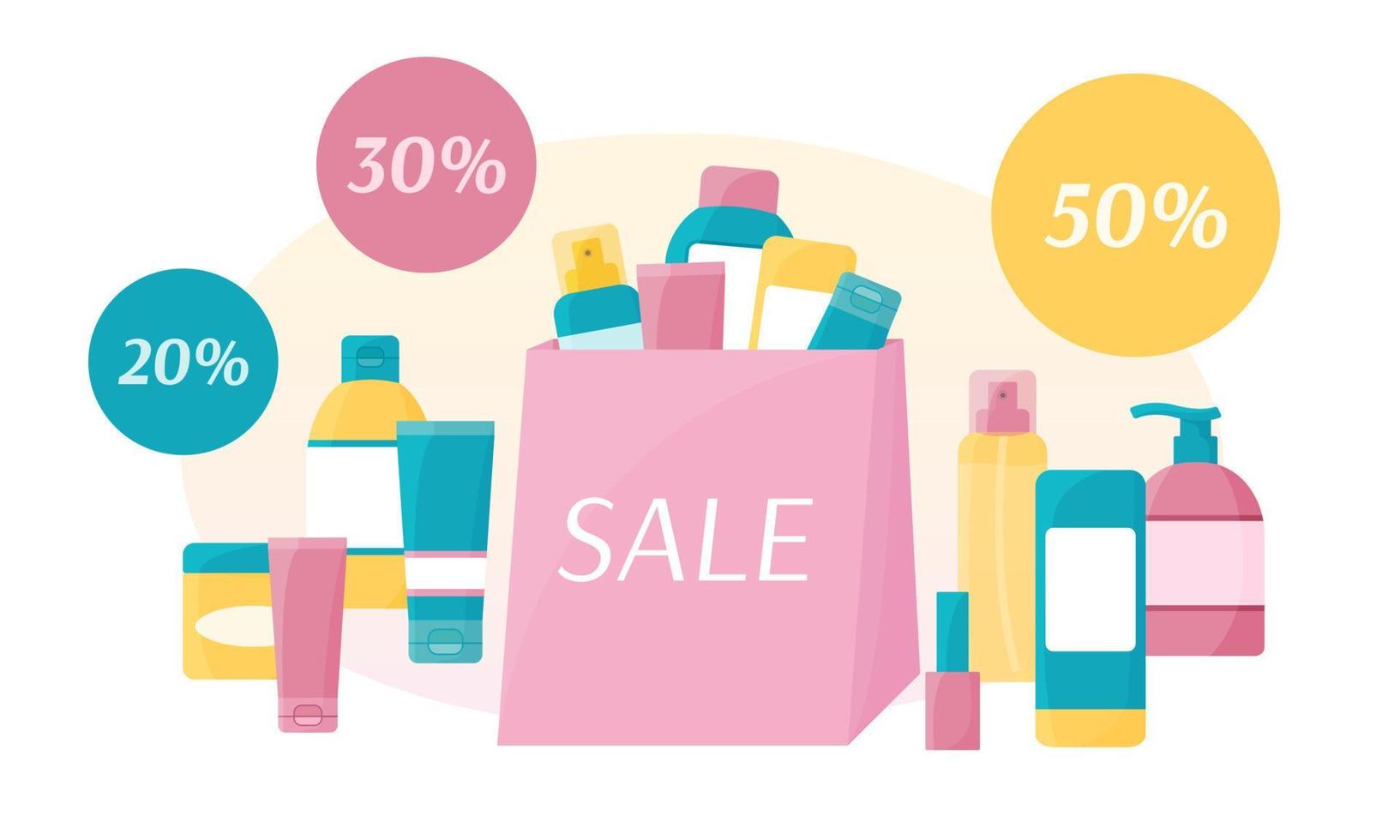 Cosmetic sale banner. Beauty and skin care products in bag. Cosmetics shopping concept. Vector set of cream bottles, tubes, spray. Flat illustration