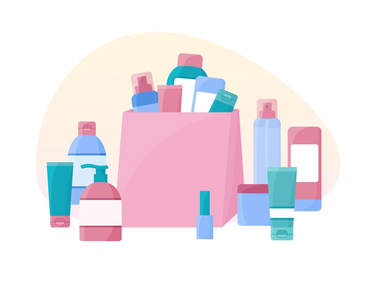 compras cosméticas. montón de cosméticos aislados. productos de belleza y cuidado de la piel en bolsa. conjunto vectorial de botellas de crema, tubos, spray. ilustración plana vector