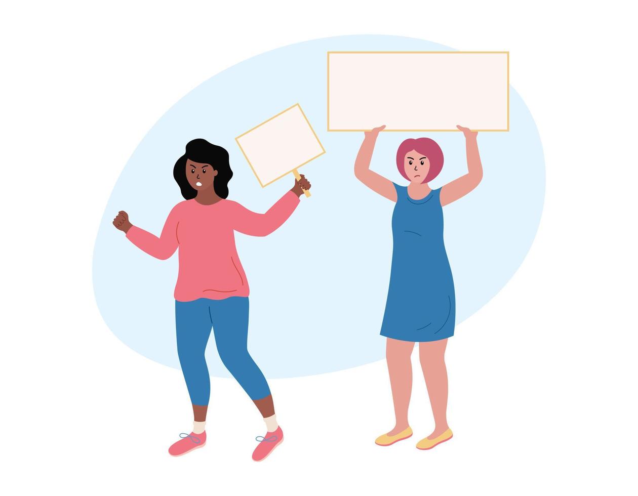 Women protest. Demonstration with placards templates. Angry girls holding blank protest posters in hands. African american woman shoutes and raises fist. Flat vector illustration