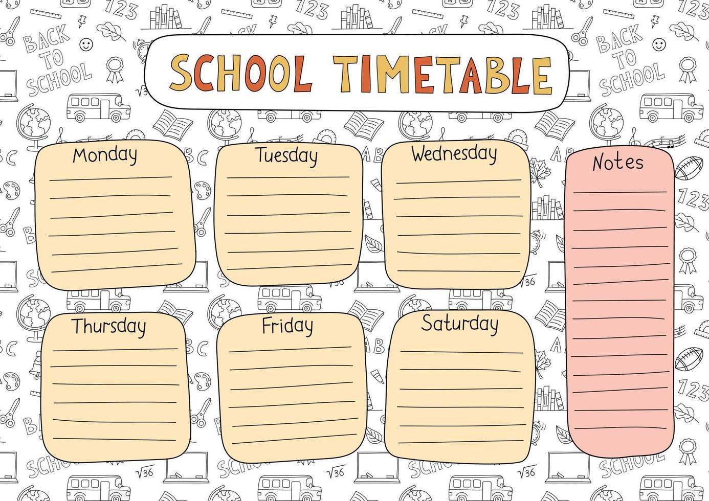 School timetable hand drawn design. Vector planner template for students. Funny doodle school schedule. Kids outline background