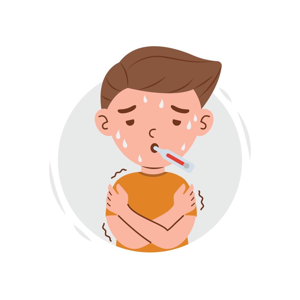 Flu disease and symptom on kid boy character vector illustration