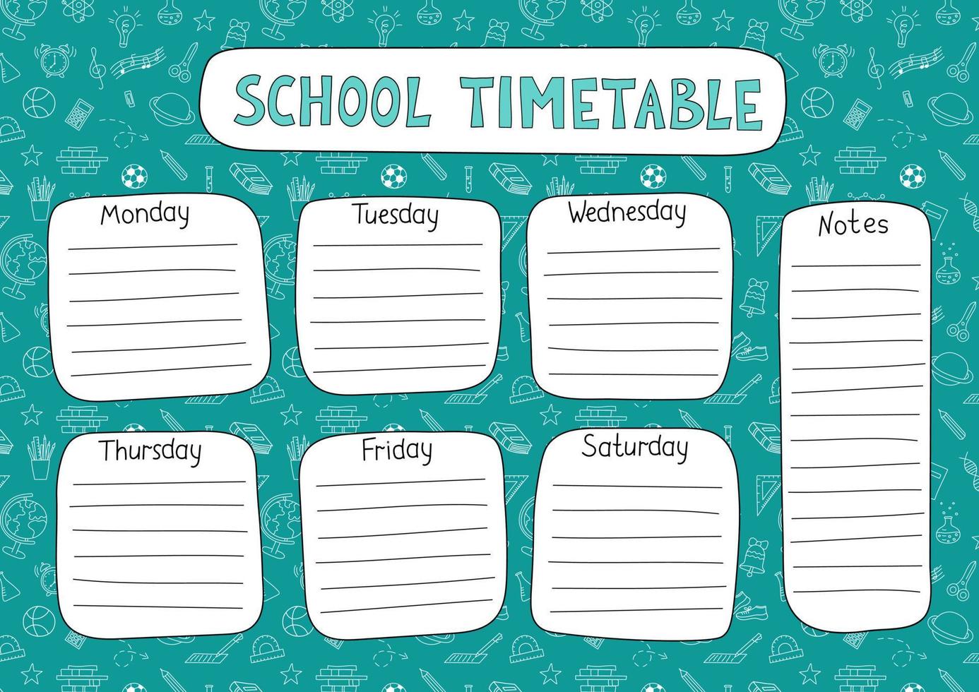 School timetable. Vector planner template for students. Funny doodle school schedule. Kids hand drawn outline design