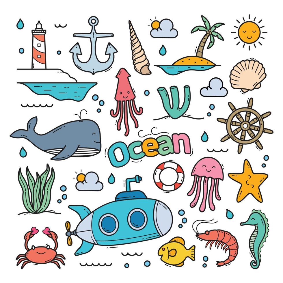 océano doodle dibujado a mano vector clip art objetos ilustración