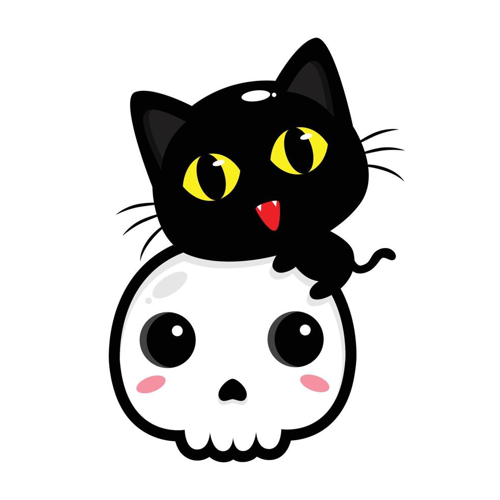 cute black cat hugging skull head vector