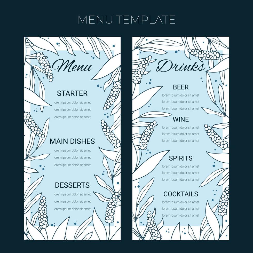 plantilla de menú de boda floral en estilo de garabato dibujado a mano, diseño de tarjeta de invitación con flores y hojas de línea, puntos. marco decorativo vectorial sobre fondo blanco y azul. vector