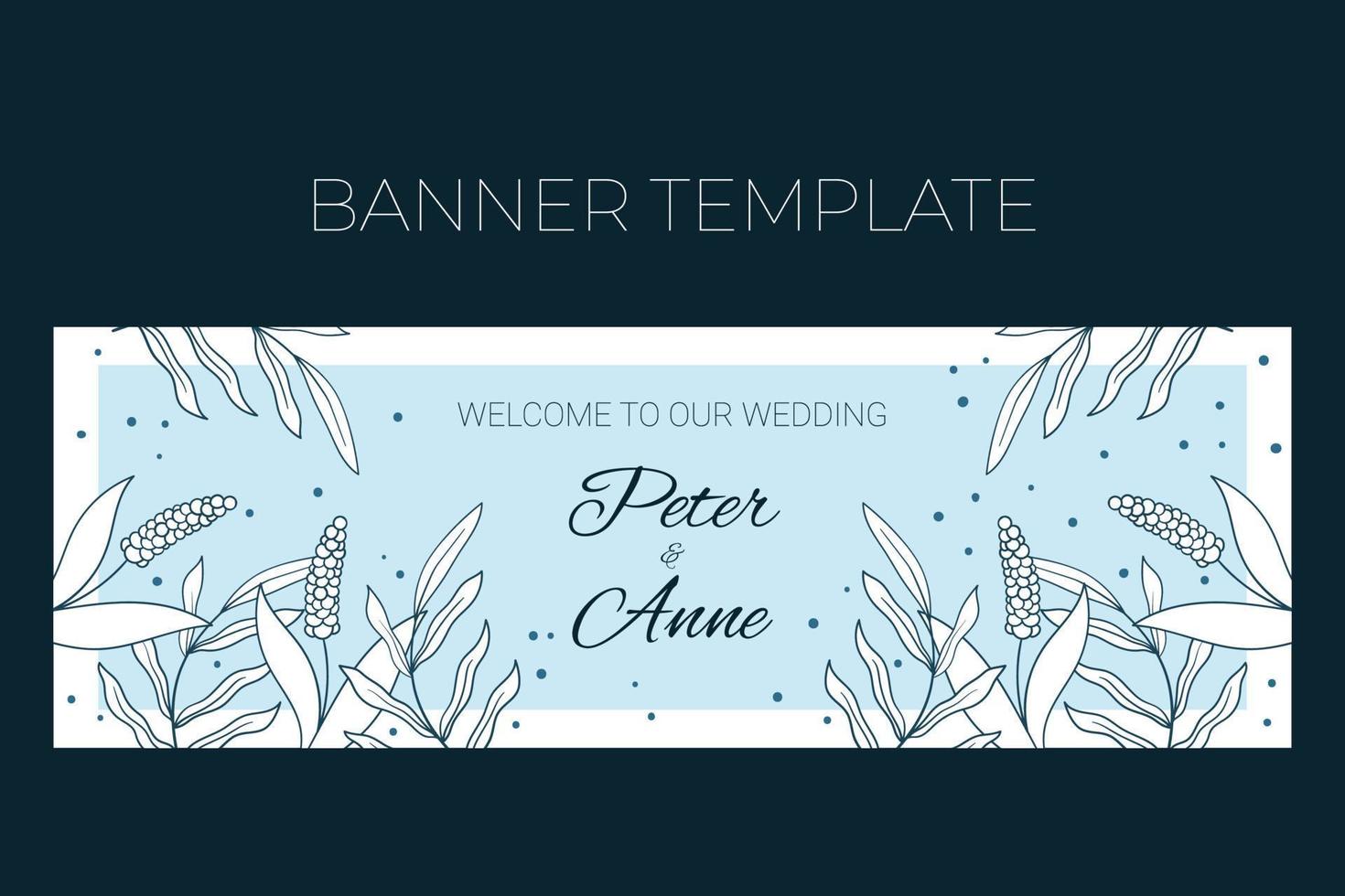 Floral wedding horizontal banner template in hand drawn doodle style, Welcome to our wedding invitation card design with line flowers and leaves, dots. Vector decorative frame on white and blue