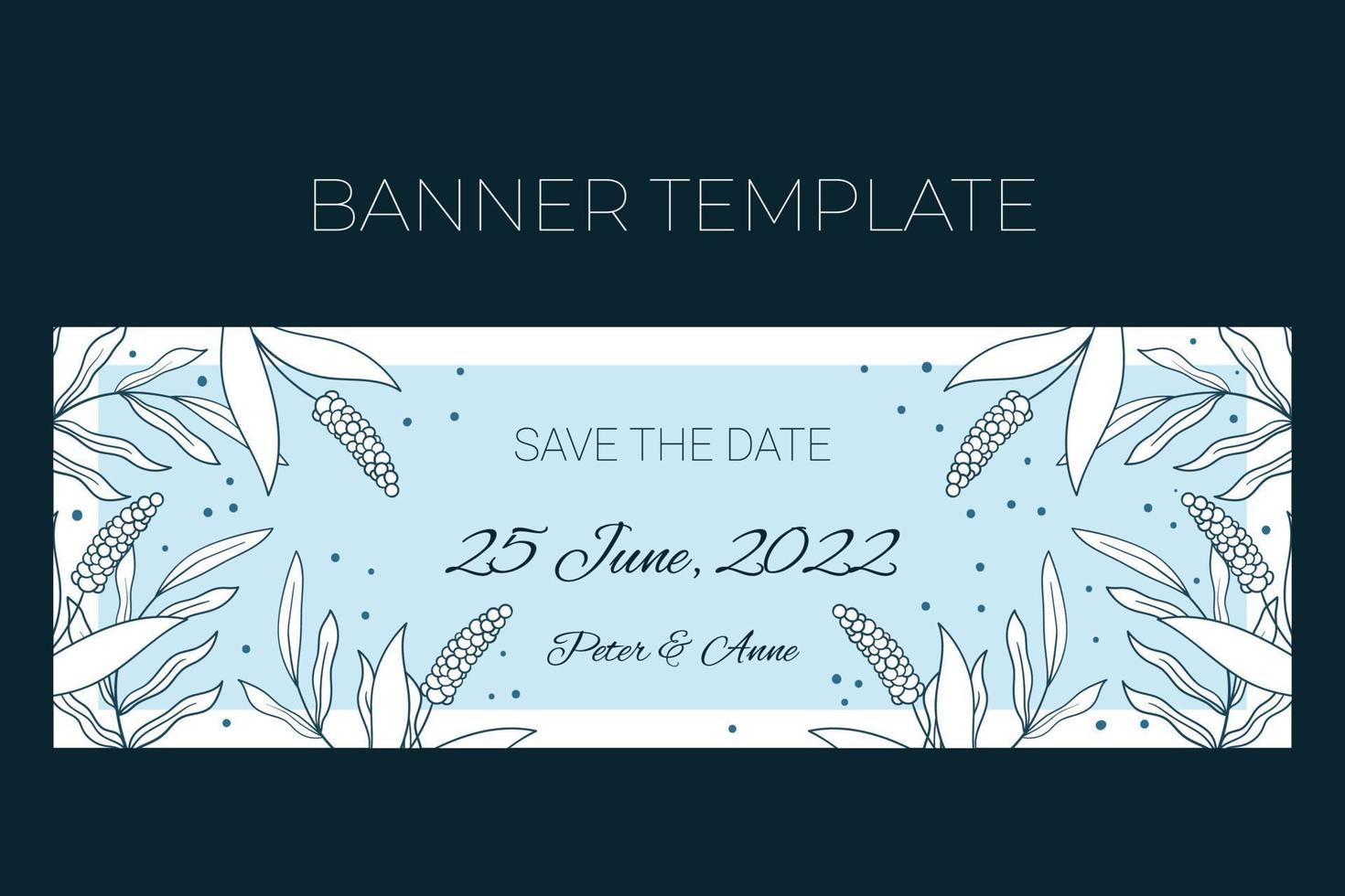 Floral wedding horizontal banner template in hand drawn doodle style, Save the date invitation card design with line flowers and leaves, dots. Vector decorative frame on white and blue background.