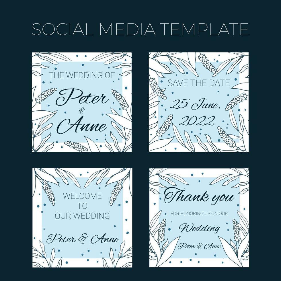 Floral wedding square social media template in hand drawn doodle style, invitation card design with line flowers and leaves, dots. Vector decorative frame on white and blue background.