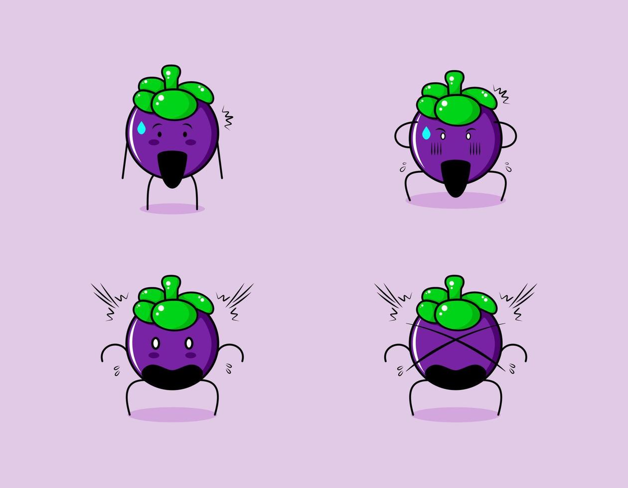 collection of cute mangosteen cartoon character with shocked expressions. suitable for emoticon, logo, symbol and mascot vector