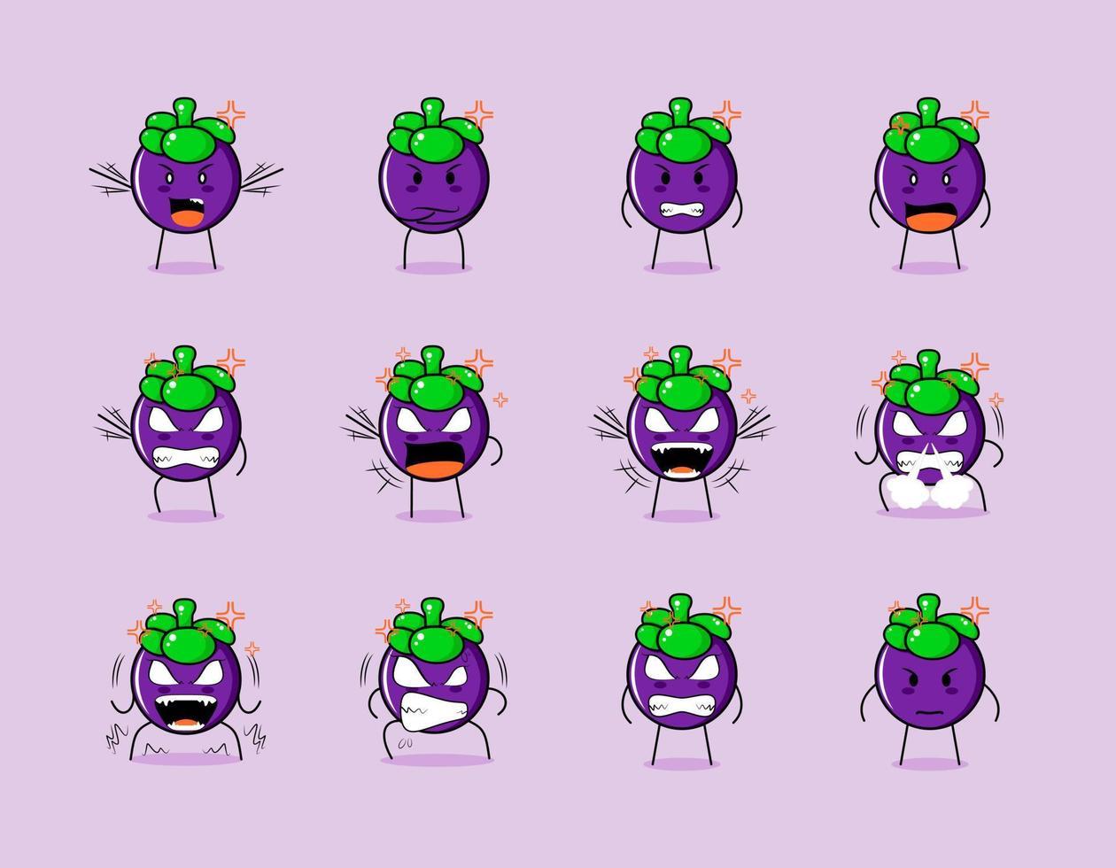 collection of cute mangosteen cartoon character with angry expressions. suitable for emoticon, logo, symbol and mascot vector