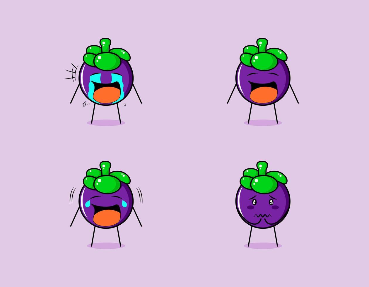 collection of cute mangosteen cartoon character with crying and sad expressions. suitable for emoticon, logo, symbol and mascot vector