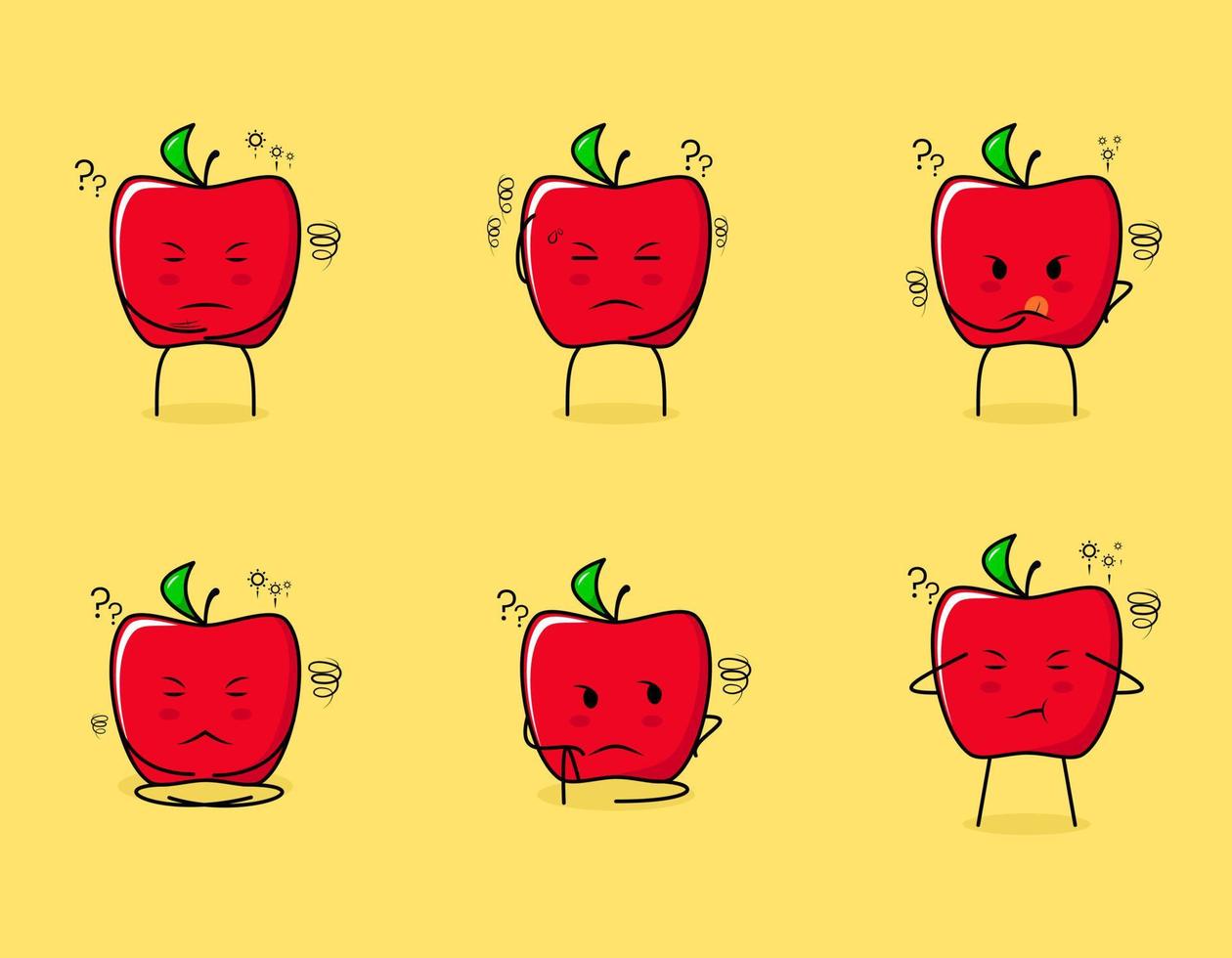 Set of cute red apple character with thinking expressions. suitable for emoticon, logo, symbol and mascot vector