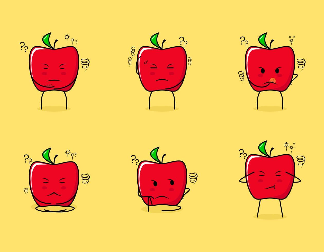 conjunto de lindo personaje de manzana roja con expresiones de pensamiento. adecuado para emoticonos, logotipos, símbolos y mascotas vector