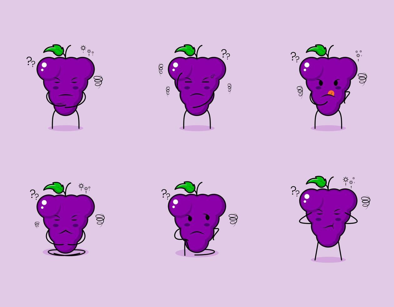 colección de lindo personaje de dibujos animados de uva con expresión de pensamiento. adecuado para emoticonos, logotipos, símbolos y mascotas. como emoticono, pegatina o logotipo de fruta vector