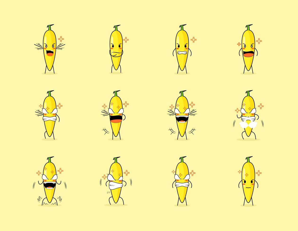 Set of cute banana cartoon character with angry expression. suitable for emoticon, logo, symbol and mascot vector