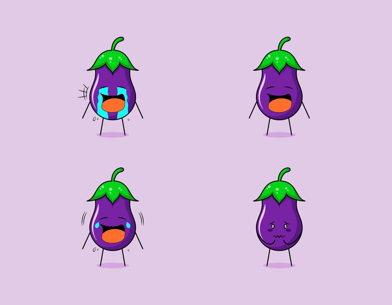 colección de lindo personaje de dibujos animados de berenjena con llanto y expresión triste. adecuado para emoticonos, logotipos, símbolos y mascotas. como emoticón, pegatina o logotipo vegetal vector