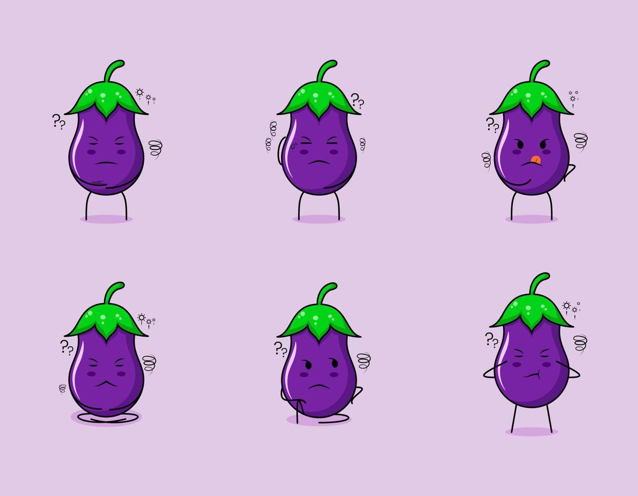 colección de lindo personaje de dibujos animados de berenjena con expresión de pensamiento. adecuado para emoticonos, logotipos, símbolos y mascotas. como emoticón, pegatina o logo vegetal vector