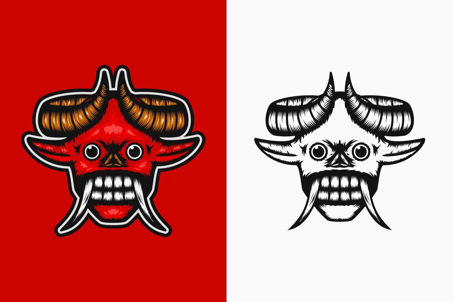 red demon head with two horns, long ears, bulging eyes and fangs. color and line art style. suitable for mascot, logo, symbol and t-shirt design vector