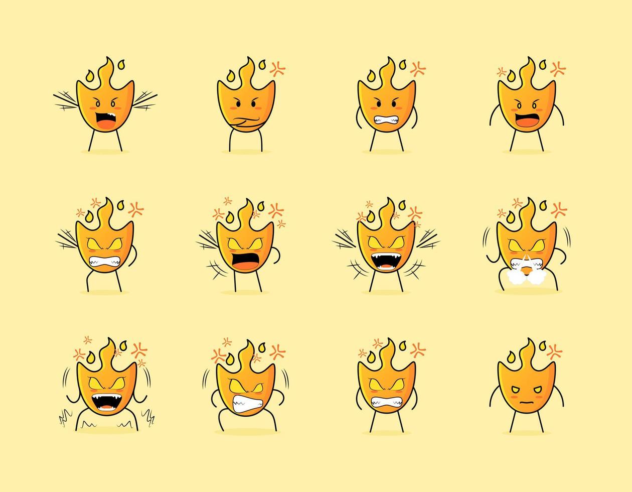 collection of cute fire cartoon character with angry expression. suitable for icon, logo, symbol and sign. such as emoticon, sticker, mascot or element logo vector