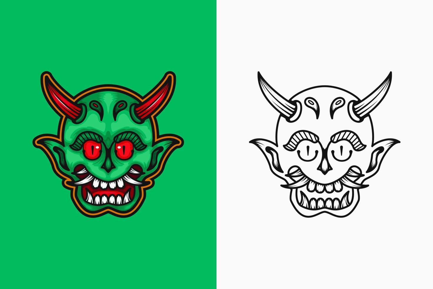 ilustración de demonio verde con ojos rojos y cuernos. color y estilo de arte lineal. adecuado para el diseño de mascotas, logotipos o camisetas vector