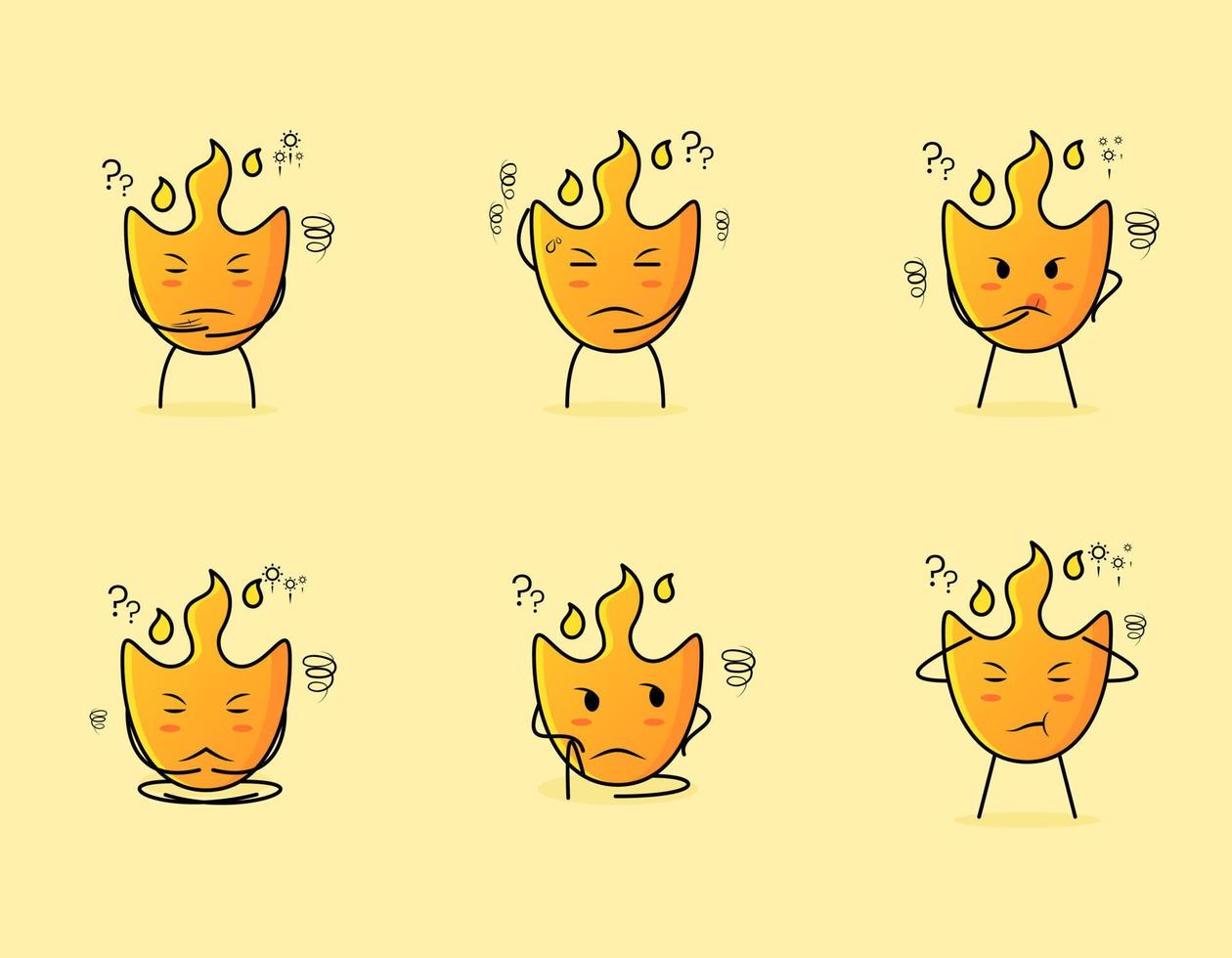 collection of cute fire cartoon character with thinking expression. suitable for icon, logo, symbol and sign. such as emoticon, sticker, mascot or element logo vector