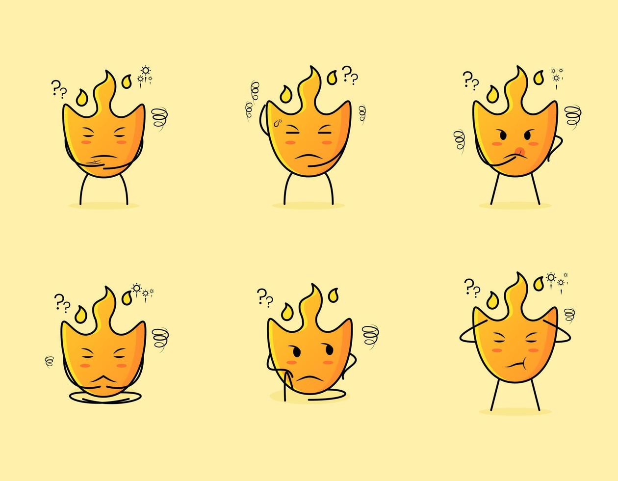 colección de lindos personajes de dibujos animados de fuego con expresión de pensamiento. adecuado para icono, logotipo, símbolo y signo. como emoticono, pegatina, mascota o logotipo de elemento vector