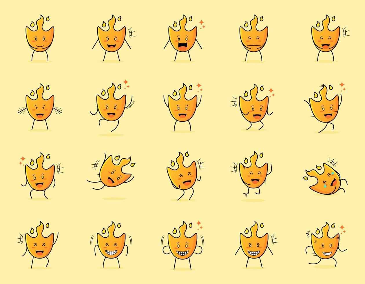 colección de lindos personajes de dibujos animados de fuego con expresión feliz y sonriente. adecuado para icono, logotipo, símbolo y signo. como emoticono, pegatina, mascota o logotipo de elemento vector