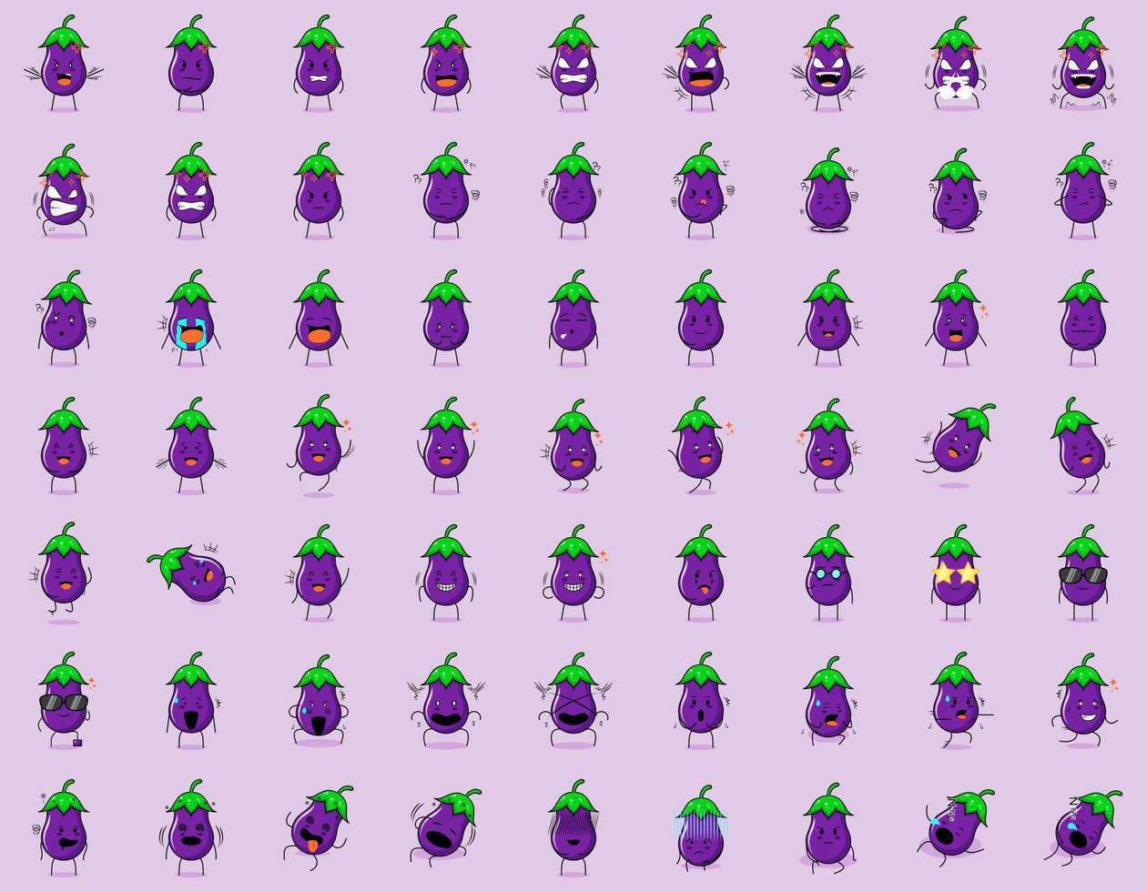 collection of cute eggplant cartoon character expressions. angry, thinking, crying, sad, confused, flat, happy, scared, shocked, dizzy, hopeless, sleeping. suitable for emoticon, logo and mascot vector