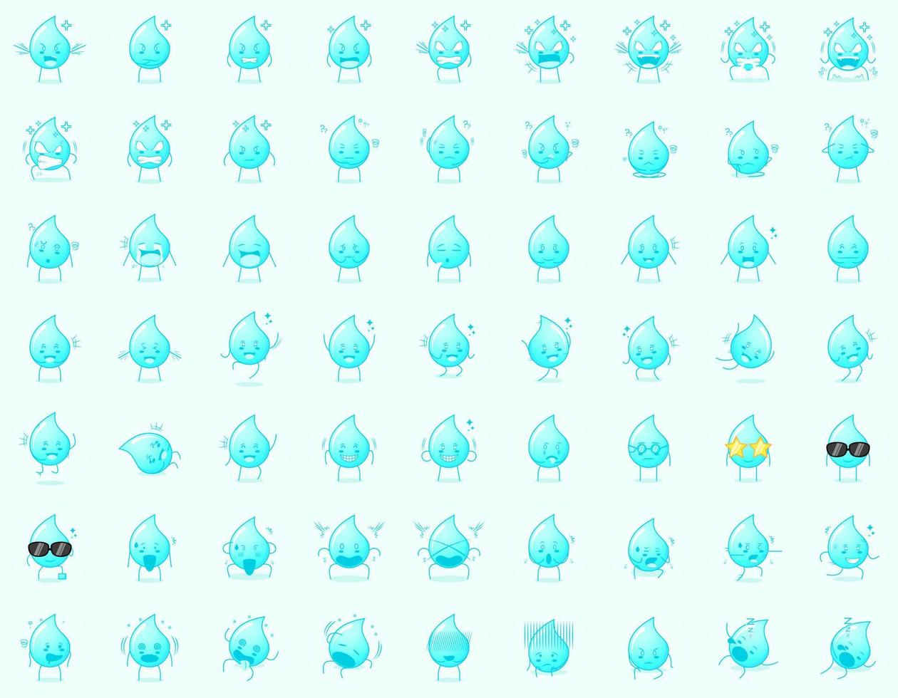collection of cute water cartoon character expressions. angry, thinking, crying, sad, confused, flat, happy, scared, shocked, dizzy, hopeless, sleeping. suitable for emoticon, logo and mascot vector