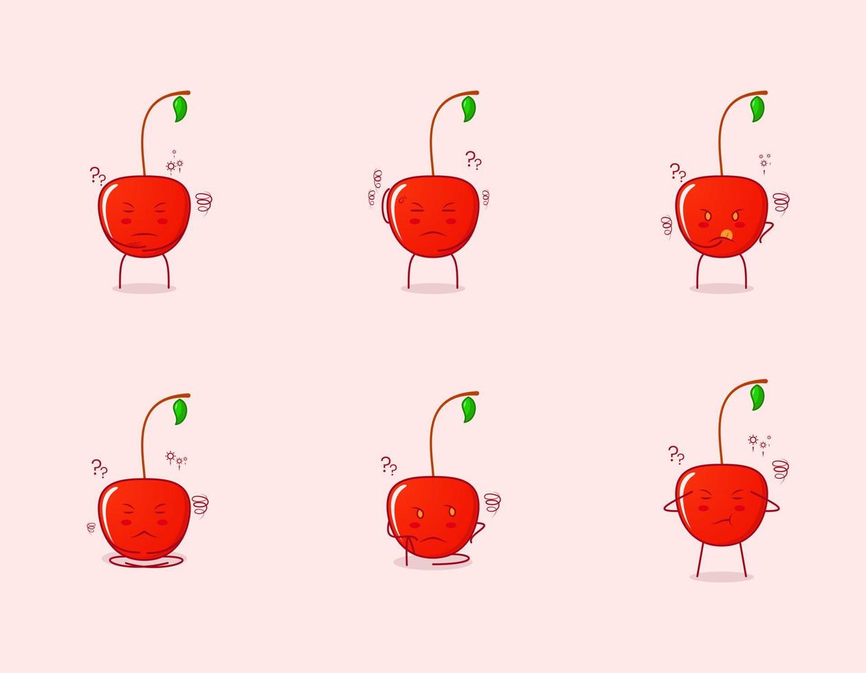 colección de lindo personaje de dibujos animados de cereza con expresión de pensamiento. adecuado para emoticonos, logotipos, símbolos y mascotas. como emoticono, pegatina o logotipo de fruta vector