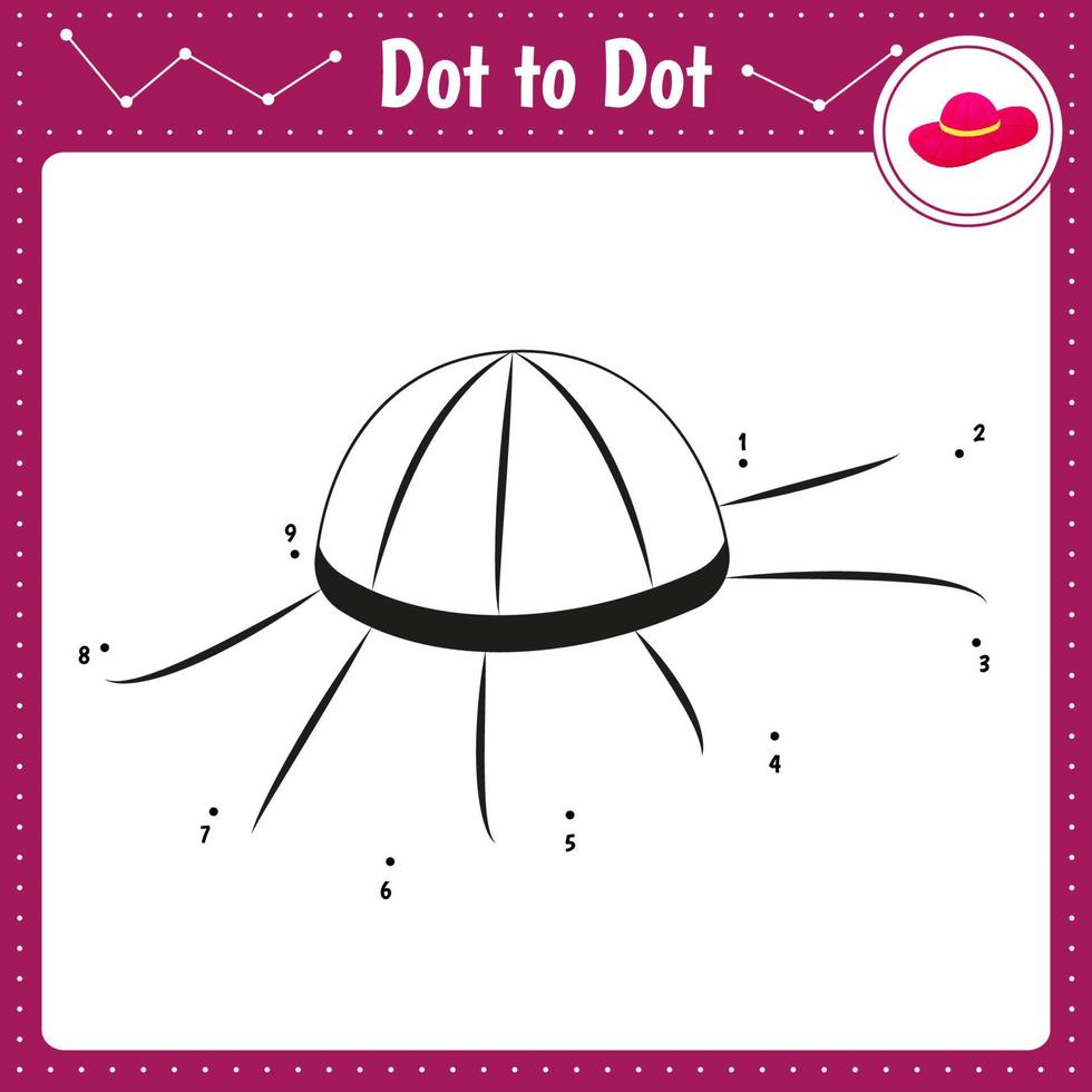 Connect the dots. Hat for lady. Dot to dot educational game. Coloring book for preschool kids activity worksheet. Vector Illustration.