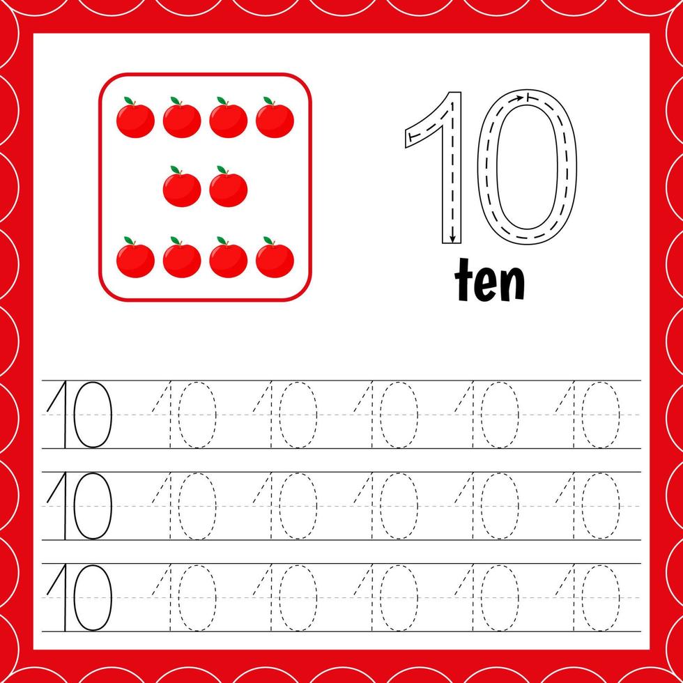 Tarjetas con números para niños. trazar la línea. para que los niños aprendan a contar y escribir. número diez. manzana vector