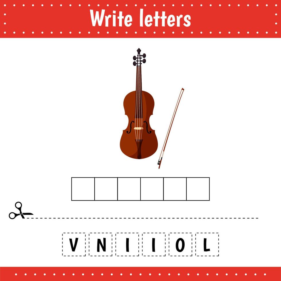 Educational game for kids. Crossword music instrument. Guess the word. Violin. Education developing worksheet. vector