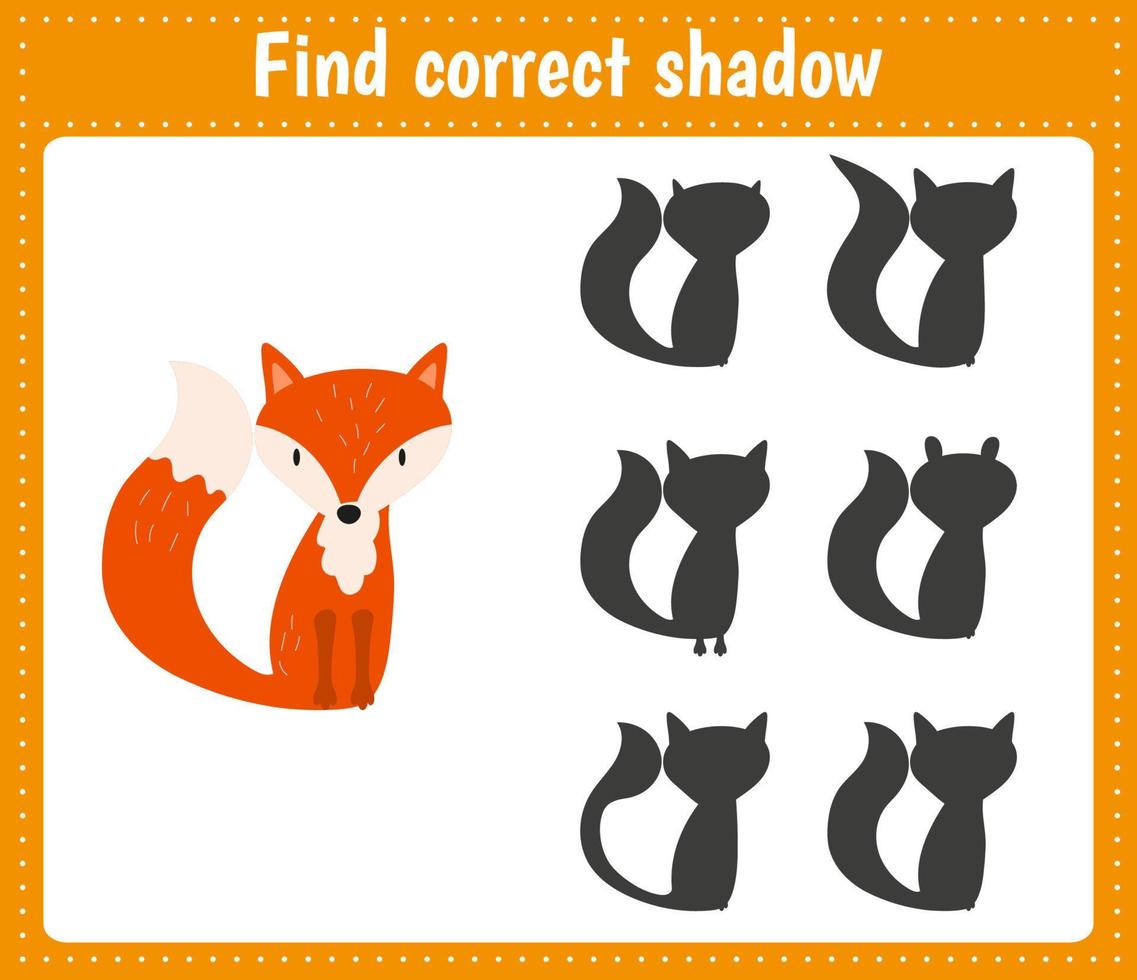 Find the correct shadow Fox. Educational matching game for kids. Logic Games for Kids. vector
