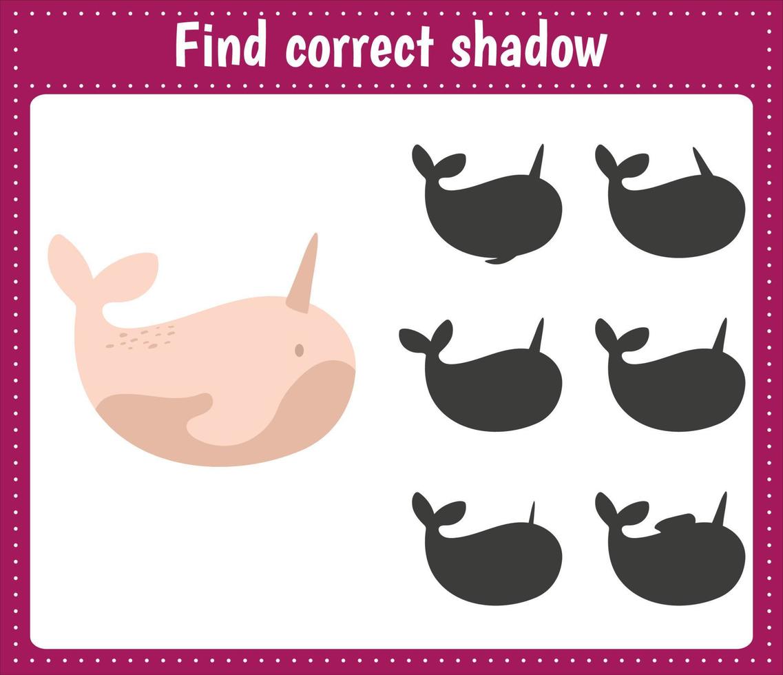 Find the correct shadow Narwhal. Educational matching game for kids. Logic Games for Kids. vector