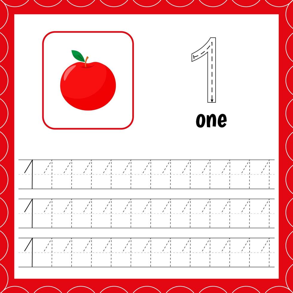 Cards with numbers for children. Trace the line. For kids learning to count and to write. Number one. Apple vector