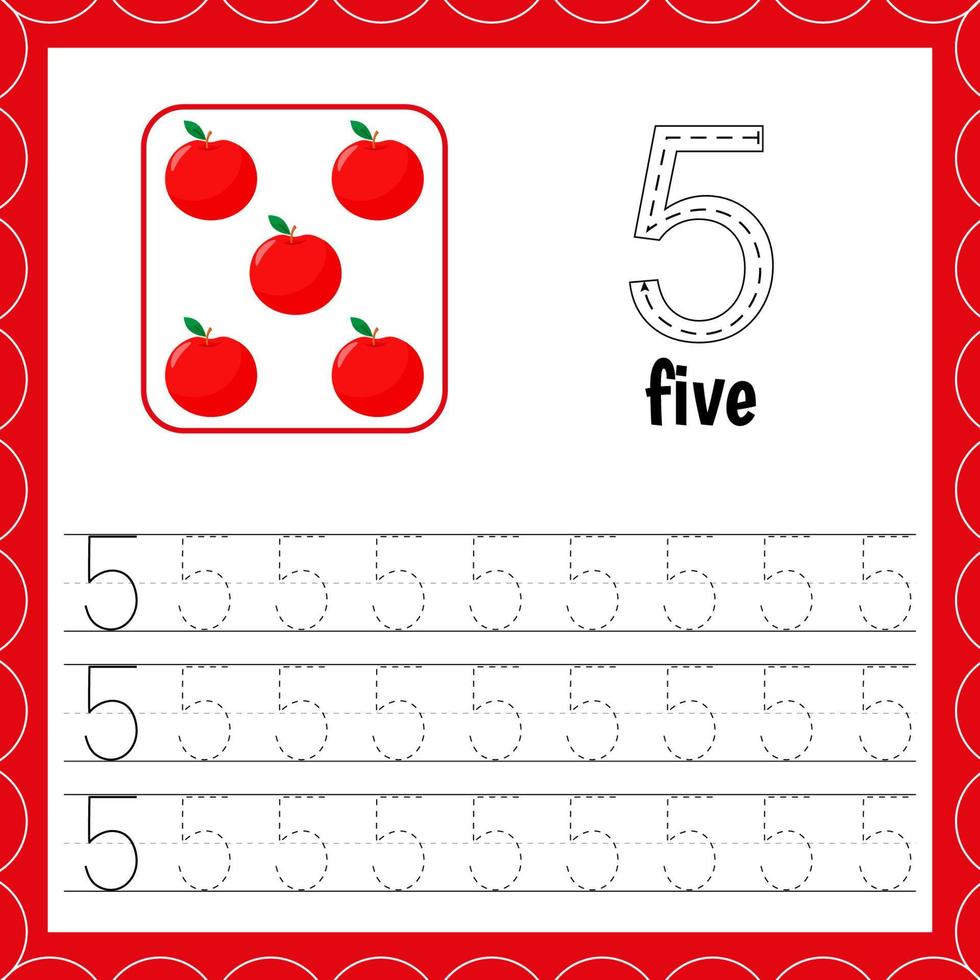 Cards with numbers for children. Trace the line. For kids learning to count and to write. Number five. Apple vector