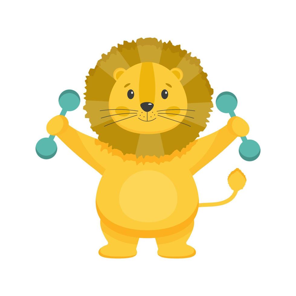 The little lion goes in for sports. Sports lion. Sports motivation for children. Healthy lifestyle, physical culture, sport. vector