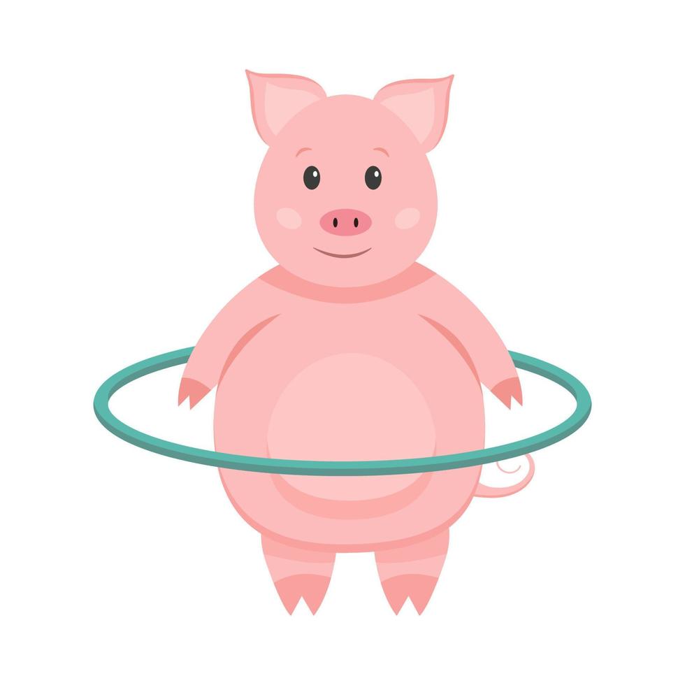 A cute pig is spinning a hula hoop. Sport motivation. vector