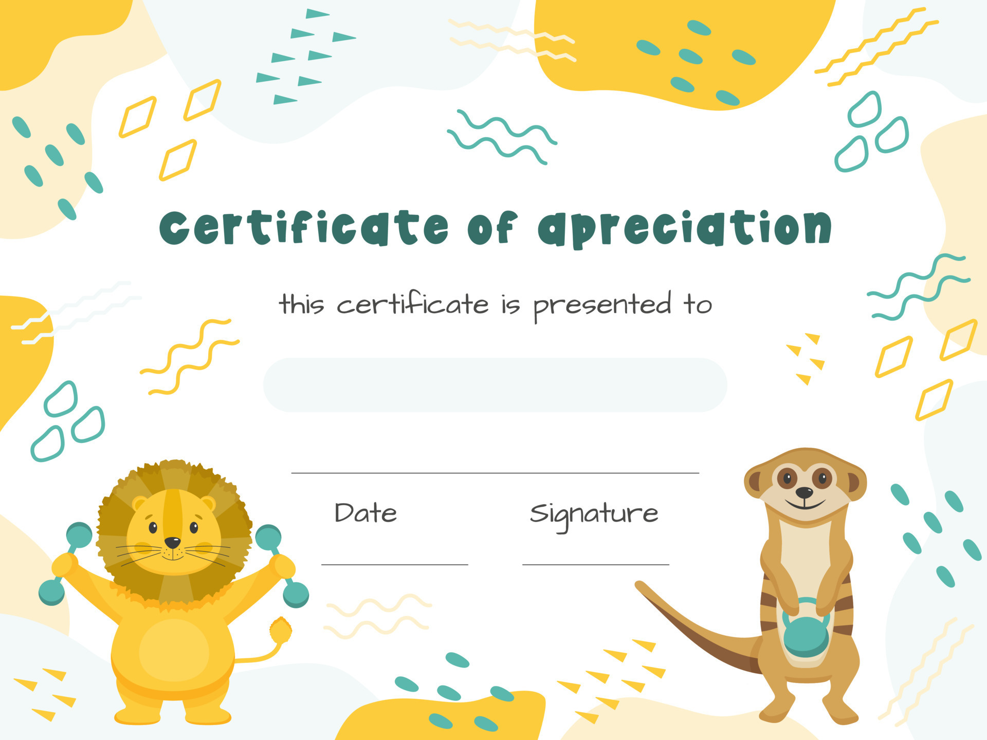 Sports team award, diploma for participation in sport competition with cute animals. Sport