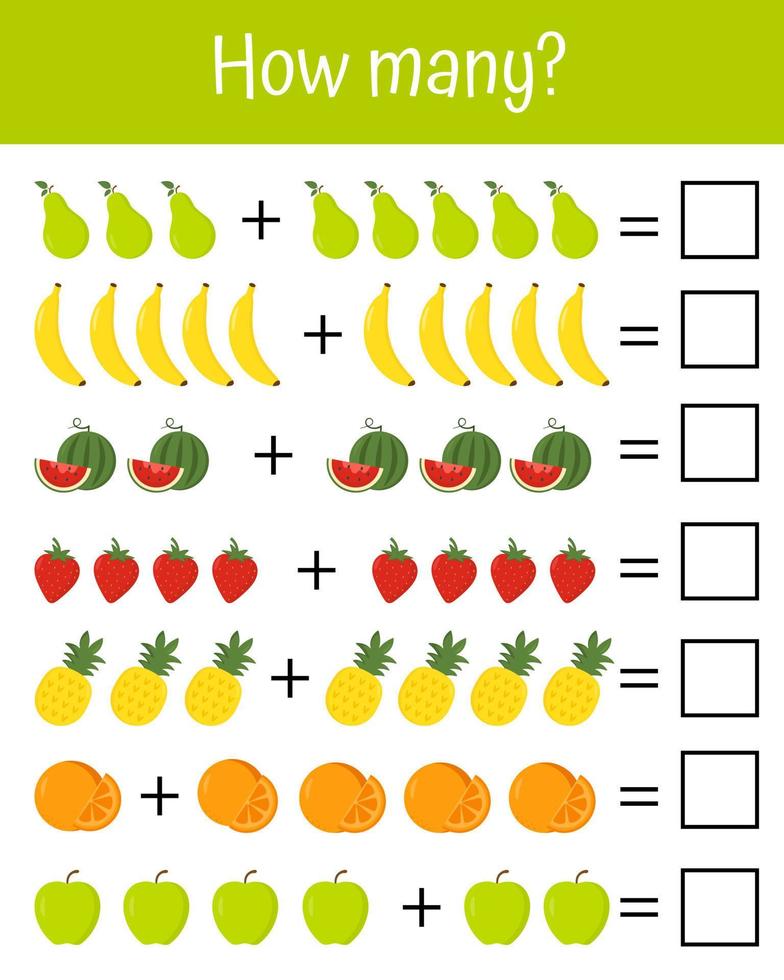 Worksheet for school kids. Maths game with fruits for children, easy level, education game. Worksheet for school kids. Useful games for preschool and kindergarten for development of logical thinking. vector