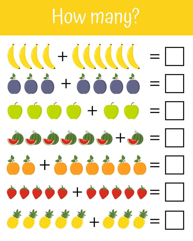 Mathematics educational how many game for children. Advanced level. Learning multiplication. Preschool reschool and school worksheet activity, count and write the result, vector illustration.