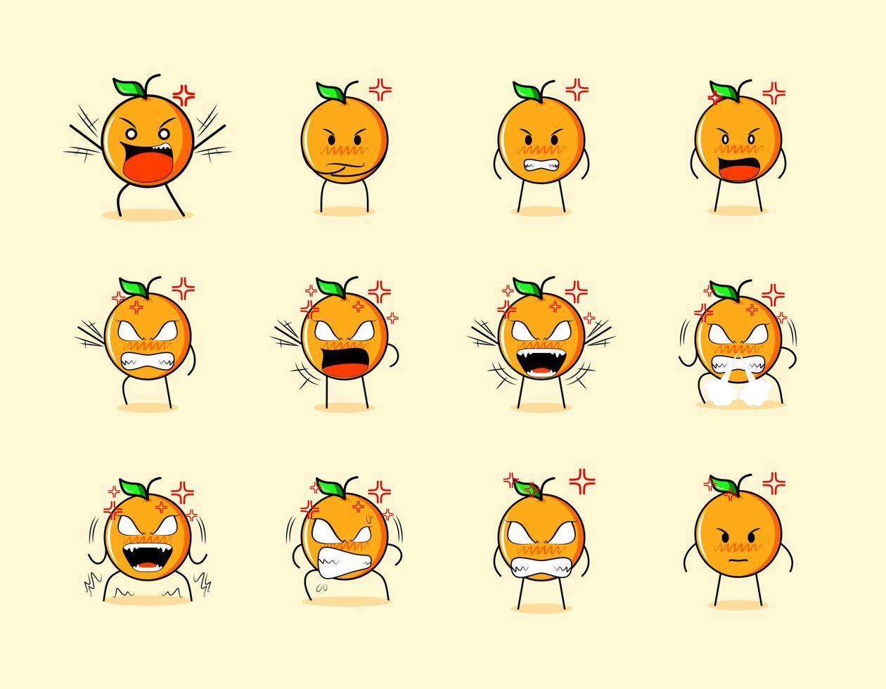 collection of cute orange cartoon character with angry expressions. suitable for emoticon, logo, symbol and mascot vector