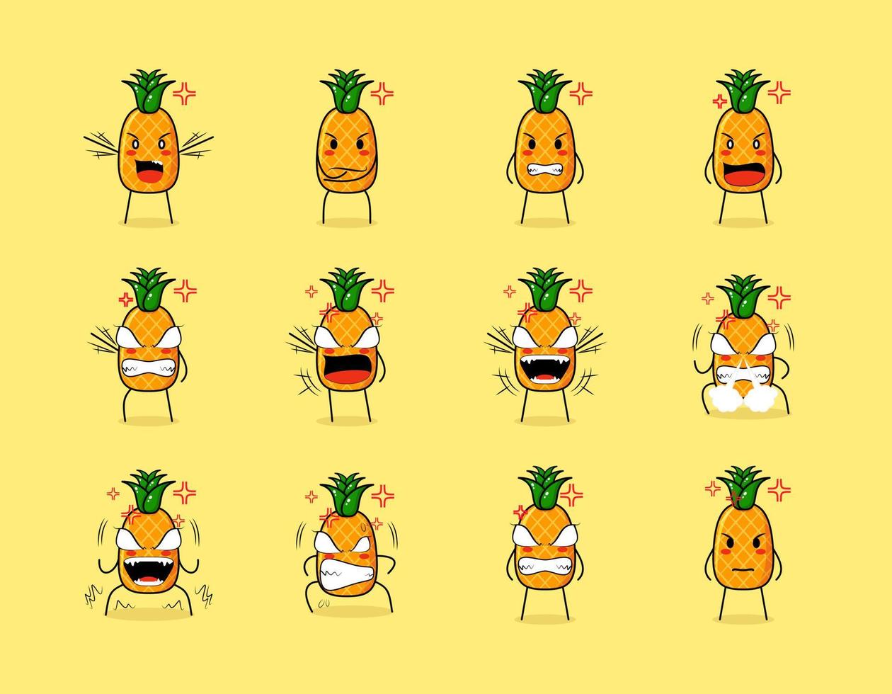 collection of cute pineapple cartoon character with angry expressions. suitable for emoticon, logo, symbol and mascot vector