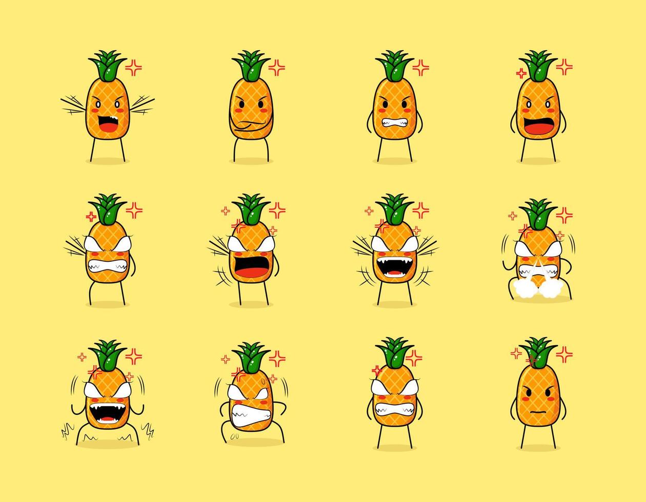 colección de lindos personajes de dibujos animados de piña con expresiones enojadas. adecuado para emoticonos, logotipos, símbolos y mascotas vector