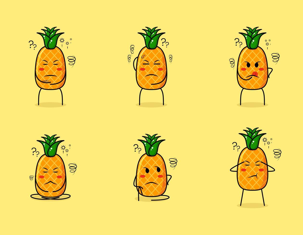 collection of cute pineapple cartoon character with thinking expressions. fruit, simple, and cartoon style. suitable for emoticon, sticker, logo, icon and mascot vector